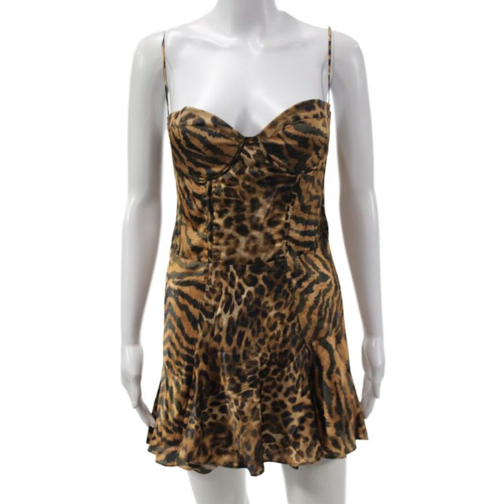 Retrofete Womens Slip Dress Brown Leopard Print Mock Neck Sleeveless Size M